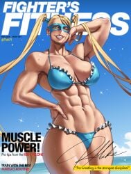 abs biceps big_breasts blonde_hair blue_eyes breasts cleavage cover domino_mask english_text female hair_pulled_back high_res lips long_hair looking_at_viewer magazine magazine_cover makeup mask mootium muscular muscular_female navel rainbow_mika smile street_fighter thick_thighs thighs twintails twitter_username wrestling_mask