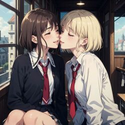 2girls ai_generated amandine_weisshorn black_jacket blonde_hair brown_hair classroom closed_eyes enjuuji happy imminent_kiss lauran_hesselberg necktie school_uniform skirt smile smiling white_shirt window yuri