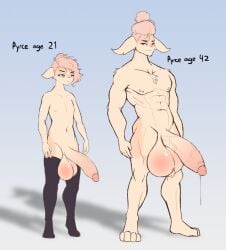 1boy abs age_progression aged_up animal_ears anthro big_balls big_penis blue_eyes doxxyl femboy furry highres huge_balls huge_cock hung_trap long_ears long_penis masculinization muscular muscular_male original original_character penis precum pyrce_(doxxyl) shadow thick_thighs thighhighs twink_death wide_hips