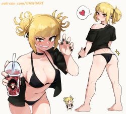 2023 ass bikini bikini_bottom bikini_top black_eyes blonde_hair blush breasts chibi cleavage dashi_art drink ear_piercing fangs feet female female_focus female_only heart himiko_toga looking_at_viewer looking_back my_hero_academia painted_nails piercing text_bubble tied_hair toga_himiko tongue tongue_out yellow_eyes