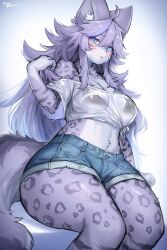 2023 2:3 absurd_res ahoge anthro arm_tuft belly_tuft big_breasts biped black_bra black_clothing black_underwear blue_eyes blue_pupils blush bodily_fluids bottomwear bra bra_through_clothing breasts cheek_markings clothed clothing colored countershade_face countershade_fur countershade_torso countershading curvy_figure cutoffs denim denim_bottomwear denim_clothing digital_media_(artwork) dripping elbow_tuft eyelashes facial_markings felid female female_anthro fingers fluffy fluffy_tail front_view fully_clothed fur glistening glistening_body glistening_breasts glistening_fur gloves_(marking) grey_body grey_ears grey_fur grey_hair grey_inner_ear grey_spots grey_stripes grey_tail hair head_markings hi_res humanoid_hands inner_ear_fluff kemono long_hair looking_at_viewer mammal markings medium_breasts midriff monotone_ears monotone_hair monotone_tail multicolored_body multicolored_fur multitoned_fur navel navel_tuft off_shoulder pantherine pear-shaped_figure pink_nose portrait pupils shaded shirt shorts signature simple_background sitting slit_pupils snow_leopard solo spots spotted_body spotted_fur striped_body striped_fur stripes suurin_(ksyaro) sweat sweaty_breasts sweaty_legs sweaty_thighs tail thick_thighs three-quarter_portrait three-quarter_view topwear translucent translucent_clothing translucent_shirt translucent_topwear tuft underwear wet wet_clothing wet_shirt wet_topwear white_background white_body white_countershading white_fur white_inner_ear_fluff wide_hips