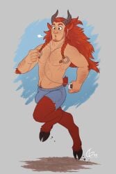 1boy 2019 abs animal_ears artist_logo athletic bara bavarii beard biceps body_fur body_hair braided_hair bulge chest_hair facial_hair flaccid fluffy_tail greek_mythology hairy_arms half-human hi_res highres hooves horns humanoid long_hair_male male male_nipples male_only masculine muscles muscular_male orange_eyes orange_fur orange_hair original_character pecs penis_bulge satyr shorts solo sweat