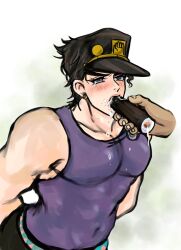 1boy blush disembodied_hand hands_behind_back jojo's_bizarre_adventure jotaro_kujo muscular_male phallic_symbol sexually_suggestive stardust_crusaders suggestive sushi tears yaoi