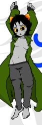 anxious barefoot bed black_hair blanket blush breasts cat_ears cat_tail catgirl dakimakura embarrassed feet filthypally fingerless_gloves gloves green_nipples grey_skin homestuck horns jeans navel nepeta_leijon nervous tail toes trenchcoat troll troll_female v-line yellow_sclera