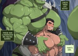 2023 abs arm_hair armor barazoku beard biceps big_muscles big_nipples big_pecs black_beard black_eyebrows black_hair blush body_hair bottomwear bracers brown_eyes cape chest_hair clothed clothing comparing comparing_muscles deltoids dialogue english_text eyebrows facial_hair green_body green_nipples green_skin group hair hand_on_chest hand_on_pecs head_in_pecs hi_res huge_muscles huge_nipples huge_pecs human human_male human_on_humanoid humanoid humiliation interspecies kartos larger_humanoid light-skinned_male light_body light_skin loincloth male male/male male_only mammal manly muscle_size_difference muscular muscular_human muscular_humanoid muscular_male nails nipple_fetish nipple_play nipples orc orc_male outside pauldron pec_grab pec_play pecs rock size_difference smaller_human smile spikes standing straps stubble teeth text topless topless_human topless_humanoid topless_male triceps unconvincing_armor vein