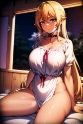 1girls ai_generated bed bertrand_(kamikatsu) big_breasts blue_eyes blush choker curvy curvy_female female forest half-closed_eyes kaminaki_sekai_no_kamisama_katsudou large_breasts looking_at_viewer night no_panties shiny_skin sitting solo steam thick_thighs this tree white_dress wide_hips