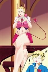 blonde_hair cross-legged elizabetta_ix femdom heart horns looking_up mairimashita!_iruma-kun mini_skirt observing open_belly open_mouth solo solo_focus tagme tail thong visible visible_panties welcome_to_demon_school!_iruma-kun