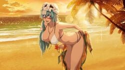 1:1_aspect_ratio arrancar beach bikini bleach bleach_brave_souls breasts clothing espada female large_breasts long_hair nelliel_tu_odelschwanck official_art seaside sunset swimsuit tied_skirt white_bikini white_swimsuit