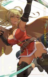 1girls ass_visible_through_thighs black_gloves blonde_hair breasts brown_cape cape commission dark-skinned_female dark_skin dress elbow_gloves female female female_only fingerless_gloves fire_emblem fire_emblem:_the_binding_blade gloves highres hsin igrene_(fire_emblem) large_breasts long_hair mole mole_under_eye nintendo pixiv_commission red_dress smile solo tan thighhighs thighs yellow_eyes