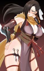 1girls arm_blade bare_thighs blush breasts brown_eyes brown_hair ceroccb cleavage detached_sleeves female female female_only fire_emblem fire_emblem_fates gloves gradient_background hair_over_one_eye hand_on_own_hip highres kagero_(fire_emblem) kunai large_breasts long_hair looking_at_viewer mature_female ninja nintendo no_panties open_mouth parted_lips pelvic_curtain ponytail revealing_clothes ribbon scarf simple_background skindentation solo thick_thighs thigh_strap thighs weapon white_ribbon wide_hips yellow_scarf