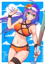 1girls alternate_costume bikini breasts cleavage cloud female female female_only fire_emblem fire_emblem:_path_of_radiance fire_emblem:_radiant_dawn fire_emblem_heroes flower green_eyes grin hair_flower hair_ornament highres holding looking_at_viewer medium_breasts mia_(fire_emblem) mia_(summer)_(fire_emblem) nintendo official_alternate_costume orange_bikini orange_swimsuit purple_hair smile solo swimsuit taguchi_(igutiguti) thigh_strap underboob waving