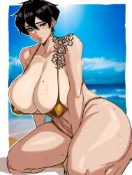 1girls alecto_0 beach beach_background big_ass big_breasts bikini breasts brown_hair curvy curvy_female curvy_figure golden_bikini kneeling mole mole_on_breast mole_on_thigh on_knees original_character short_hair shoulder_tattoo solo solo_female solo_focus thick_ass thick_thighs thin_waist tomboy