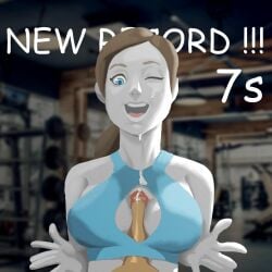 1boy 1girls :d aqua_eyes between_breasts blue_eyes breasts clavicle cleavage cleavage_cutout clothed colored_skin ejaculation facial fakingdack female grey_hair gym long_hair looking_down male medium_breasts nintendo open_mouth paizuri pale-skinned_female pale_skin penis ponytail premature_ejaculation semen semen_on_body semen_on_upper_body smile solo_focus straight text tied_hair white_skin wii_fit wii_fit_trainer wii_fit_trainer_(female)