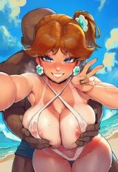 1boy 1girls ai_generated ariababe bald bald_male beach blue_eyes breast_grab breasts brown_hair cheating cheating_girlfriend clouds dark-skinned_male dark_skin duo earrings faceless_male female female_focus grabbing_breasts hands_on_breasts human human_on_human interracial large_breasts looking_at_viewer male male/female mammal mario_(series) mature mature_female mature_male nintendo outdoors patreon peace_sign princess princess_daisy royalty smiling smiling_at_viewer sweat sweating tan_skin tan_skinned_female unseen_male_face voluptuous voluptuous_female water