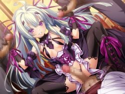 3boys ahoge amakubo_yuri black_gloves black_panties black_pants black_ribbon black_shirt black_sleeves black_thighhighs boots breasts censored cowgirl_position detached_collar detached_sleeves double_handjob dutch_angle female floating_hair game_cg gangbang gloved_handjob gloves green_hair grey_pants grin group_sex hair_between_eyes hair_intakes hair_ornament hair_ribbon handjob highleg highleg_panties inoino kouyoku_senki_exs-tia large_variant_set long_hair looking_at_viewer mosaic_censoring multiple_boys non-web_source official_art outdoors panties pants penis purple_eyes purple_ribbon revealing_clothes ribbon shirt small_breasts smile solo_focus spread_legs squatting straight sunset thighhighs twintails underwear variant_set very_long_hair white_hair white_shirt