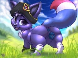 2024 absurd_res animal_genitalia animal_vulva anus ass bicorne big_eyes big_head blue_anus blue_sky blue_vulva canine_genitalia canine_vulva chest_tuft clothed clothed_feral clothing cloud day depth_of_field detailed_background digitigrade fakemon fakeveelution fan_character female female_feral feral field footwear french full-length_portrait furgonomic_hat furgonomic_headwear furgonomics genitals grass hair hat headgear headwear hi_res lacrimal_caruncle looking_at_viewer looking_back napoleon_(species) nintendo nipples open_mouth outside plant pokemon pokemon_(species) portrait presenting presenting_anus presenting_hindquarters presenting_vulva purple_hair purple_nose rear_view robin_dismas shoes sky solo tail tail_aside tuft vulva wolps