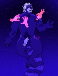 0ct0m0n0 ailurid anthro arm_tuft balls chest_tuft closed_eyes cosmic_background disembodied_hand elbow_tuft fangs front_view genitals group hair half-erect hi_res humanoid_genitalia humanoid_penis male male_anthro mammal markings messy_hair multiple_piercings musclegut muscular muscular_anthro muscular_male nipple_fetish nipple_piercing nipple_play nipple_ring nipples nude open_mouth penis piercing pubes red_panda restricted_palette ring_piercing short_hair solo_focus space space_background striped_markings striped_tail stripes tail tail_markings teeth tuft vein veiny_penis white_hair