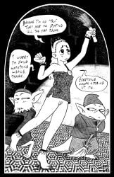 absurd_res barefoot bottomwear breasts broom cleaning_tool cleavage clothed clothing d-monomicon dialogue dust effie_(d-monomicon) feet female genitals goblin group hat headgear headwear hi_res human humanoid long_ears male mammal not_furry pants pubes raised_bottomwear raised_clothing raised_skirt shirt size_difference skirt slim speech_bubble topwear trio vulva