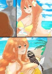 1boy 1girl anon beach big_breasts bikini_top blush boobjob braid braided_hair breasts brown_hair canon censored comic comic_page coral_brown_hair doki_doki_literature_club female flower flower_in_hair green_eyes huge_cock long_hair loving_it male monika_(doki_doki_literature_club) penis penis_between_breasts sexy smile swimsuit titjob wholesome yellow_bikini