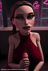 1boy ai_generated animated bare_shoulders braid breasts brown_hair closed_eyes cocktail_dress collarbone dress female goldencharacters halter_dress halterneck handjob heart lips long_hair makeup medium_breasts mole mole_under_eye padme_amidala penis penis_grab red_dress sleeveless sleeveless_dress solo_focus star_wars straight tagme two-handed_handjob video watermark web_address window