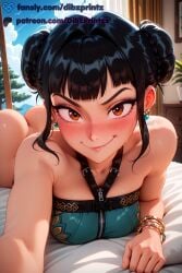 1girls ai ai_assisted ai_generated anime artist_name ass bare_shoulders bed black_hair blue_sky blunt_bangs blush bottomless bracelet braid breasts brown_eyes closed_mouth cloud collarbone day dibzprintz double_bun earrings fansly female hair_bun hi_res high_quality high_resolution highres indoors jewelry kpop_demon_hunters large_breasts looking_at_viewer lying on_bed on_stomach pillow reaching short_hair sidelocks sky smile solo sweat watermark window zipper zipper_pull_tab zoey_(kpop_demon_hunters)