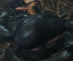 1boy 1girls alien alien_(franchise) alien_girl alien_humanoid big_ass big_breasts female_xenomorph huge_ass penis_in_mouth sharp_teeth tail vensaku xenomorph