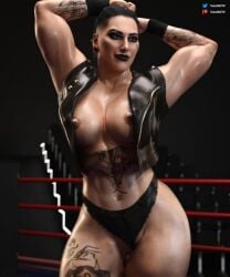 arms_up black_hair jewelry navel panties pinup rhea_ripley solo tattoo underwear wwe wwe_diva