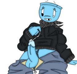 baggy_clothing baggy_pants baggy_shirt blue_skin boost_(dandy's_block) cock colored dick edging fish_bowl grin hoodie looking_at_penis looking_down male non-human non-human_only object_head one_eye_closed one_tooth_gone pants_around_knees pants_down penis pre-cum precum pubic_hair render rendered sitting smile teeth teeth_showing toony touching touching_self zipper_down