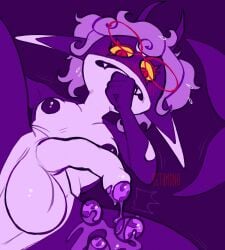 0ct0m0n0 artist_name balls blush egg erection fangs front_view futa_humanoid futanari genitals hair hi_res horn humanoid intersex intersex_humanoid messy_hair nipples ovipositor_penis penis purple_background purple_body purple_hair purple_horn purple_nipples red_eyes simple_background solo spread_legs spreading teeth text white_balls white_penis