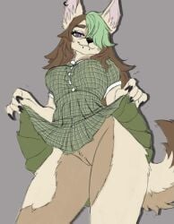 anthro bottomwear canid canine celia_markova chipperotter clothed clothing clothing_lift dress dress_lift female genitals highlights_(coloring) mammal multiple_piercings piercing raised_bottomwear raised_clothing raised_skirt skirt solo vulva wolf_ears