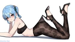 alternate_costume arched_back armpit_crease artist_name black_bra black_pantyhose black_sandals blue_hair blue_nails blush bra breasts closed_mouth cute ecchi-o eyelashes feet feet_up female fishnet_pantyhose fishnets floral_print_pantyhose from_side full_body green_ribbons grey_eyes hair_between_eyes hair_ribbon high_heel_sandals high_heels highres hololive hoshimachi_suisei lace lace_bra lace_pantyhose_hooked_on_heel_(meme) legs lingerie looking_at_viewer lying meme nail_polish on_stomach pantyhose print_pantyhose ribbon sandal_heels sandals shadow side_ponytail simple_background small_breasts solo stiletto_heels stirrup_legwear strappy_heels sweat sweatdrop the_pose toeless_legwear toenail_polish toenails toes twitter_username underwear underwear_only virtual_youtuber white_background