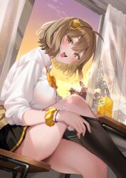 absurdres adjusting_clothes adjusting_legwear ahoge alternate_costume anis_(nikke) black_skirt black_socks blush bow bowtie bra_visible_through_clothes breasts brown_eyes brown_hair chair female goddess_of_victory:_nikke gradient_sky hair_ornament highres large_breasts looking_at_viewer nigi_(ngmnoym) on_chair open_mouth orange_sky pleated_skirt shirt short_hair sitting skirt sky sleeves_rolled_up smile socks solo thighs white_shirt yellow_bow yellow_bowtie