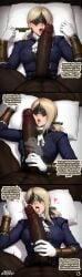 1boy 1girls ai_generated blonde_hair comic comic_page comic_panel covered_eyes cum cum_in_mouth cum_on_face dark-skinned_male duchess_(nightreign) ejaculation elden_ring elden_ring_nightreign female from_above fromsoftware handjob interracial large_penis light-skinned_female male penis pinned pubic_hair queensphynx upper_body