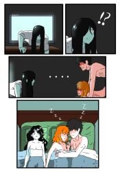 1boy 2girls bed doggy_style female funny male oc sadako_yamamura samara_morgan sleeping tam_m3_(artist) the_ring