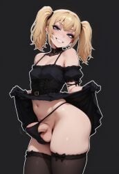 1boy 1femboy 2025 ai_generated alternate_version_available ani_(twitter) ani_(xai) black_dress black_stockings black_thong blonde_hair blue_eyes choker crossdressing dress erect_penis erection erection_under_thong eyebrows eyelashes eyeshadow femboy feminine_male futanari genderswap_(ftm) girly gloves highleg highleg_thong intersex looking_at_viewer male nokk penis penis_poking_out rule_63 simple_background smile smiling solo standing stockings thick_thighs thighs thong trap twintails twitter