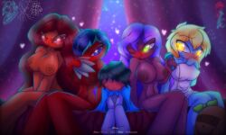 1boy 5girls ?! artist_name artist_signature bath_towel big_breasts black_hair blonde_hair blue_cape blue_eyes blue_hair blue_skin blush blushing_female blushing_male coconut coconut_girl completely_nude covering_crotch covering_privates curtains dime_(gildedguy) dominant_female gildedguy gildedguy_(character) green_eyes green_star hearts_around_head hyuns_dojo jade_(rhg) light_purple_skin lilian_(gildedguy) long_hair metal_fan microphone milf naked_female nervous nervous_face night night_sky not_tlc older_female orange_eyes orange_hair orange_skin paper_fan penny_(gildedguy) purple_hair red_blanket red_skin short_hair short_male sitting_on_bed stare staredown taller_female taller_girl violet_(rebonkulous) wet_hair yellow_eyes yellow_hair younger_male