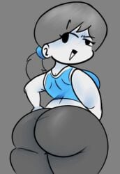 1girls ass ass_focus black_eyes breasts clothing colored_skin crop_top female from_behind grey_hair huge_ass large_ass limited_palette long_hair looking_at_viewer looking_back open_mouth pants png ponytail shirt smile solo tank_top thick_thighs thighs triangle_mouth white_skin wide_hips wii_fit wii_fit_trainer wii_fit_trainer_(female) yoga_pants