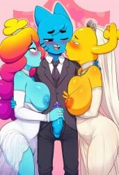 ai ai_art ai_generated cartoon_network gumball_watterson harem married_couple novelai penny_fitzgerald rachel_wilson the_amazing_world_of_gumball the_wonderfully_weird_world_of_gumball threesome wedding_dress wedding_ring