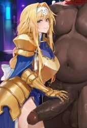 1boy ai_generated alice_zuberg armor armored_dress bangs blonde_hair blue_eyes blush bow braid braided_ponytail breastplate breasts clothed_female_nude_male clothing dark-skinned_male dark_skin duxvector erection fat fat_man female female gauntlets gloves gold_armor hair_intakes hairband headwear huge_cock interracial knight large_breasts large_penis long_hair looking_at_viewer male navel netorare nipples ntr nude penis precum shoulder_armor smile solo_focus standing straight sweat sword_art_online sword_art_online:_alicization testicles thick_thighs thighs veins veiny_penis very_long_hair white_bow white_hairband
