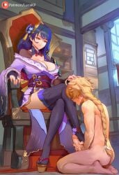 aether_(genshin_impact) ai_generated blonde_hair breasts clothed dominant dominant_female feet feet_worship female femdom genshin_impact hair_ornament holding_head japanese_room jerking looking_down lucakp male masturbation naked patreon patreon_link patreon_logo patreon_reward patreon_url patreon_username raiden_shogun sitting sitting_on_chair sitting_on_throne submissive submissive_male tagme thighhighs thighs throne worship worshiping