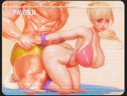 1980s_fashion 3d 80's_theme big_breasts blonde_female breasts faceless_male female fitness fitness_model gym_clothes looking_at_viewer male milkies muscular muscular_male nipple_bulge nipples_visible_through_clothing no_penetration size_difference sportswear stretching suggestive_pose sweat vhs_filter vhs_tape workout workout_clothes