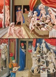 2d 2d_(artwork) bathhouse breasts cape female grapes groping_breast image_comparison implied_fellatio male medieval multiple_boys multiple_girls nipples nude nude_female nude_male parody penis pussy reference_image sequestro tagme touching_penis vagina washing_another