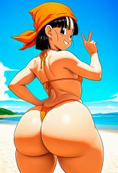 1girls ai_generated ass ass_focus bandana beach big_ass big_butt bikini black_eyes black_hair bubble_ass bubble_butt clothed clothed_female clothing dragon_ball dragon_ball_gt female female_only grin grinning hand_on_hip hentai4life_ huge_ass huge_butt looking_at_viewer looking_back looking_back_at_viewer novelai outdoors outside pan_(dragon_ball) peace_sign round_ass round_butt smiling smiling_at_viewer solo solo_female standing swimwear thick_ass thick_butt thick_thighs thighs v_sign