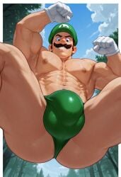 1boy abs ai_generated bara biceps blue_eyes brown_hair bulge clothing daddy_kink facial_hair gloves green_hat green_jockstrap hat jockstrap large_bulge light-skinned_male light_skin looking_at_viewer looking_down looking_down_at_viewer luigi male male_nipples male_only mario_(series) mature mature_male mostly_nude moustache muscles muscular muscular_male nintendo nipples outdoors pecs smiling smiling_at_viewer solo solo_focus solo_male squatting trees white_gloves yaoi