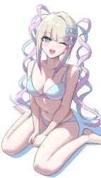 bikini blue_bikini blue_eyes blue_hair breasts chouzetsusaikawa_tenshi-chan dyed_hair fair-skinned_female fair_skin female hair hair_accessory makeup needy_girl_overdose needy_streamer_overload painted_nails painted_toenails pigtails pink_eyeshadow pink_hair platinum_blonde_hair sitting smiling smiling_at_viewer white_background wink winking_at_viewer