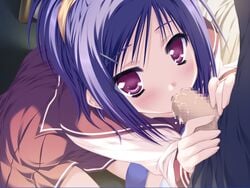 1boy 1girls blue_hair blush censored fellatio game_cg hetero kawai_ameri moekibara_fumitake mosaic_censoring non-web_source oral penis purple_eyes ribbon school_uniform short_hair solo_focus tayutama