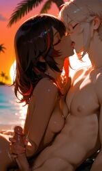 1boy1girl ai_generated beach black_hair_female blonde_male brown_skinned_female dusk erotic female fit_male genshin_impact handjob kaedehara_kazuha kissing male masturbation naked naked_female naked_male orange_sky petite_female rocker_chick romantic silver_hair sunset tongue_kiss white_skinned_male xinyan_(genshin_impact)