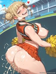ai_generated blonde_hair blush boku_no_hero_academia breasts cheerleader cheerleader_uniform cum cum_on_ass exposed_breasts fat_ass female hearts_around_head himiko_toga huge_breasts large_breasts moguera my_hero_academia steam sweating thick_thighs toga_himiko