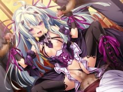 3boys :d ahoge amakubo_yuri black_gloves black_panties black_sleeves boots breasts censored clothing_aside corset cowgirl_position cowgirl_position cum cum_on_body cum_on_hair detached_collar detached_sleeves double_handjob facial female floating_hair game_cg gangbang gloved_handjob gloves green_hair group_sex hair_ribbon handjob highleg highleg_panties inoino kouyoku_senki_exs-tia large_variant_set long_hair mosaic_censoring multiple_boys nipples non-web_source official_art open_mouth panties panties_aside pants penis purple_eyes purple_ribbon revealing_clothes ribbon sex small_breasts smile solo_focus squatting_cowgirl_position straddling straight sunset thighhighs twintails underwear vaginal_penetration variant_set very_long_hair white_hair