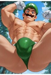 1boy abs ai_generated bara biceps big_muscles blue_eyes brown_hair bulge clothing daddy_kink facial_hair gloves green_hat green_jockstrap hat jockstrap large_bulge light-skinned_male light_skin looking_at_viewer looking_down looking_down_at_viewer luigi male male_nipples male_only mario_(series) mature mature_male mostly_nude moustache muscles muscular muscular_male nintendo nipples outdoors smiling smiling_at_viewer solo solo_focus solo_male squatting trees white_gloves yaoi